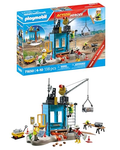 PLAYMOBIL Action Heroes Promo Pack 71650 Baustelle, mit DREI Figuren, beweglichem Kran und vielen weiteren Extras, detailreiches Spielzeug für Kinder ab 4 Jahren