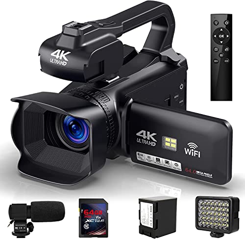 Videokamera 4K Camcorder Autofokus HD 64MP 60FPS Vlogging Kamera für YouTube 4.0' Touchscreen 18X Digitalzoom Video Camera mit WIFI, Mikrofon, Handstabilisator, 64GB SD Karte, Fülllicht, Fernbedienung