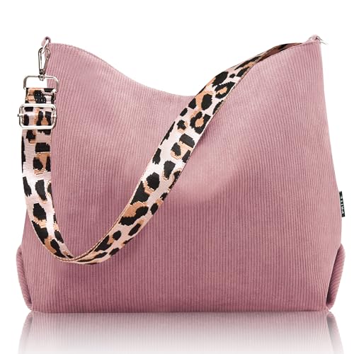 Prite Shopper Tasche Damen Groß Cord Tasche Tote Bag mit Verstellbarem Schultergurt für College Schule Arbeit Reisen Einkaufen（Rosa）