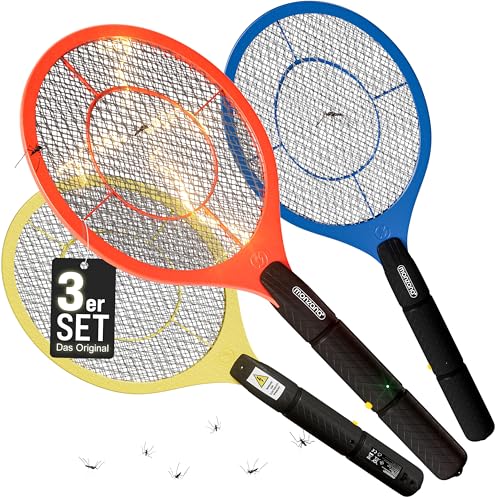 MONZANA® 3X Elektrische Fliegenklatsche 3000V Doppeltes Sicherheitsnetz batteriebetrieben Mückenklatsche Fliegenfalle Fliegenfänger Insektenvernichter