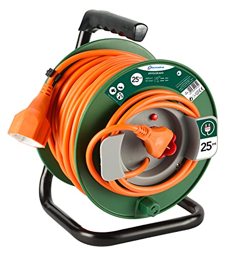Electraline 49232 Kabeltrommel mit Universal-Steckdose, geeignet für Gartengeräte, Thermoschutz, 25 m, Kabelquerschnitt 3G1,5 mm²