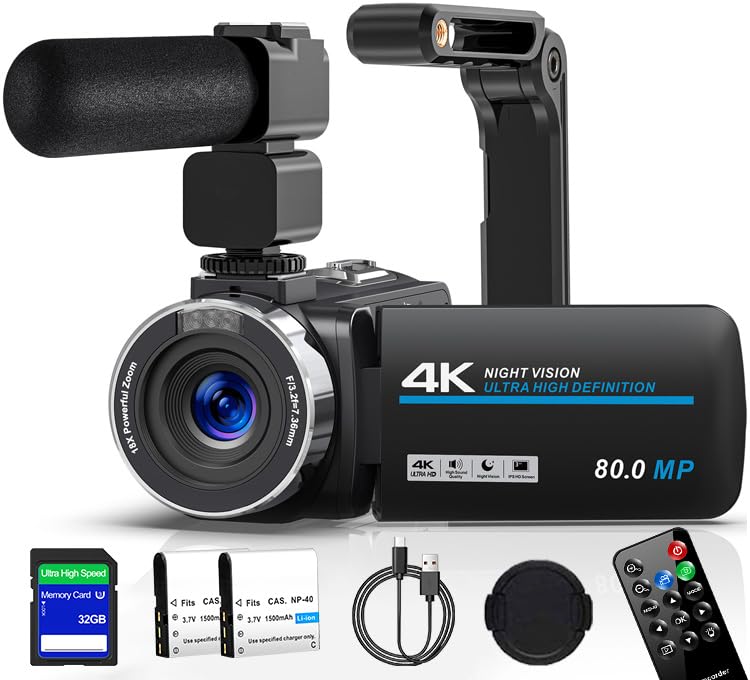 Videokamera 4K 80MP HD Camcorder für YouTube, 30FPS Webcam IR Nachtsicht Vlogging Kamera, 18X Digitalzoom 3,0 270°IPS Bildschirm Video Camera mit SD Karte, 2 Batterien, Fernbedienung, und Stabilisator