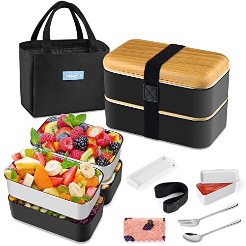 HOLIPOT Bento Box, Lunchbox Brotdose mit Fächern 2 Ebenen mit 2 Stück Umweltfreundlichen PP & Edelstahlbehältern, mit Gabel-Löffel-Teilern Tragetasche,für Kinder und Erwachsene Schwarz