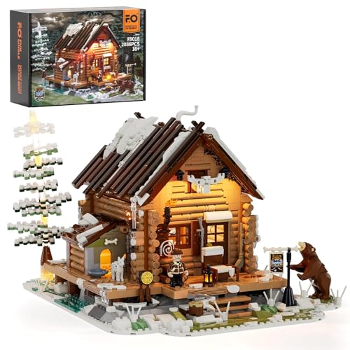 FUNWHOLE Jagdhütte Bauklötze Set mit LED Licht, 2036 Stück Modell Set Klemmbausteine Spielzeug Wald Schneebedeckte Lodge Bauspielzeugset für Erwachsene und Jugendliche