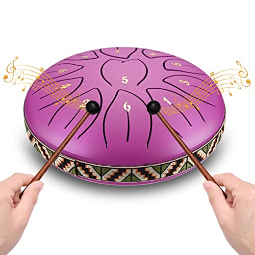 VAYOTOY Zungentrommel 6 Zoll 11 Noten C-Key Tongue Drum Stahlzungentrommel Percussion Instrument Handpan Drum mit Tragetasche, Musikbuch, Schlägel, Fingerpicks für Geschenke, Meditation (Lila)