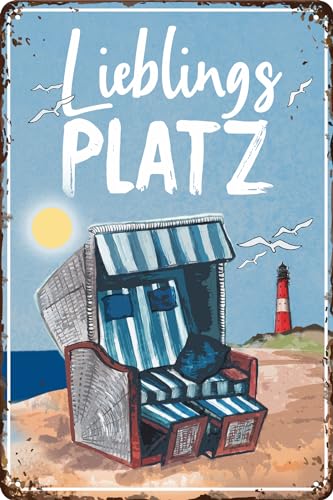 Wetterfestes 30 x 20 cm Blechschild – lustiger Spruch – Meer, Strand, Sonne, Urlaub Fans – Lieblingsplatz Strandkorb