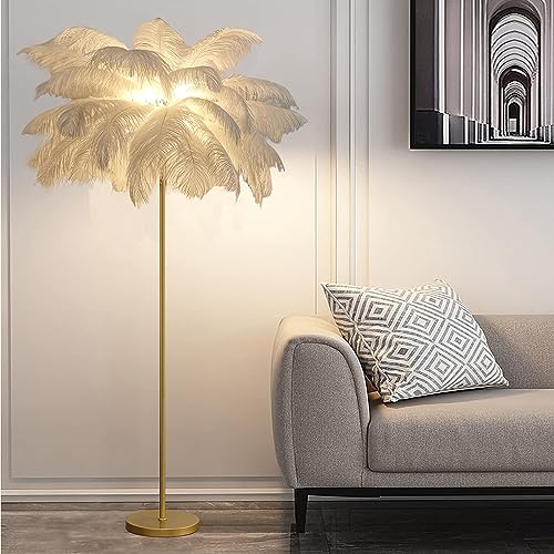 LDIEUWUET Natürliche Straußenfeder Lampe, Feder Stehlampe LED für Wohnzimmer, Stehlampe Federn Lampe 3 Farben mit Fußschalter, Strauß Federlampe für Schlafzimmer Standleuchte Dekoration (160cm,White)