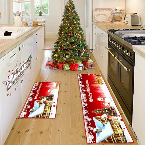 Weihnachtsteppich Matten,3D Rutschfest Waschbar Weihnachtsteppich, Weihnachtsdruck Teppich,Weihnachtlicher Innen und Außenteppich Dekoration für Zuhause Büro Hof Zimmer (Weihnachten A, 43x75+43x150cm)