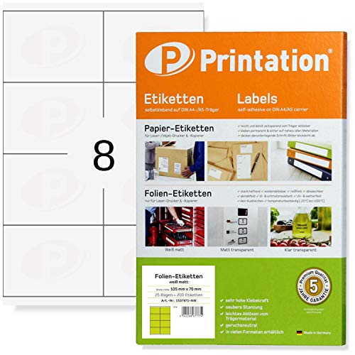 Printation Weiße Etiketten selbstklebend 105 x 70 mm wasserfest matt weiß - 200 Folienetiketten 105x70-8 Aufkleber wetterfest pro A4 Bogen 2x4 - Klebe-Folien A4 bedruckbar mit Laser Drucker