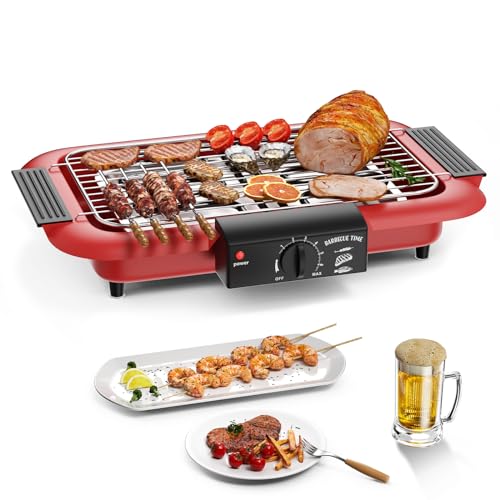 Elektrogrill Tischgrill elektrisch, Elektrischer BBQ-Grill, rauchloser Non-Stick Innen-/Outdoor-Grill, 2000W Doppelröhre tragbarer abnehmbarer Standgrill der hohen Leistung (Klassisches Rot)