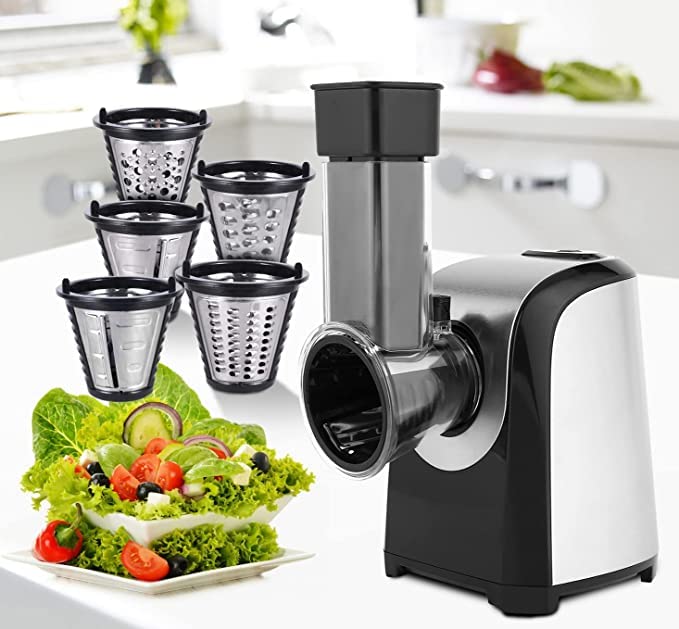 Elektrischer Gemüsehobel Elektrischer Gemüseschneider Küchenreibe Elektrisch mit 5 Edelstahl-Schneidetrommeln 150W Multi Elektrische Reibe für Gemüse Obst Käse Schocholade