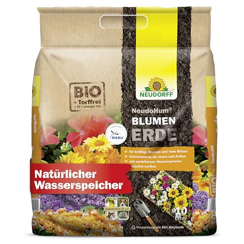 Neudorff NeudoHum BlumenErde – Torffreie Bio Erde, für Innen und Außen, fördert kräftige Blumen und viele Blüten, 10 Liter, Braun