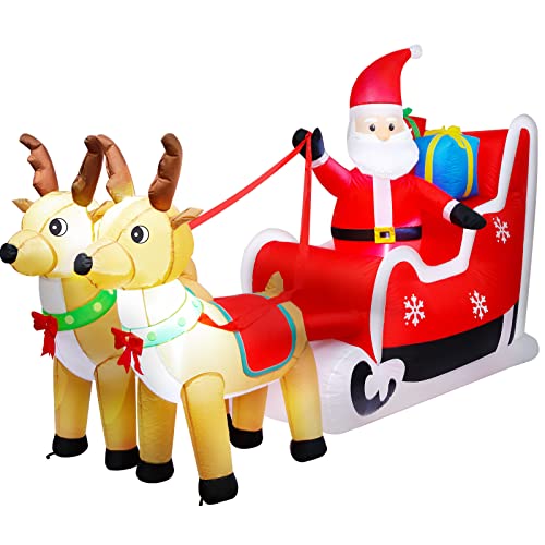 ASTEROUTDOOR Aufblasbarer Weihnachtsmann auf Schlitten mit zwei integrierten LEDs, 2,4 m lang, Weihnachtsmann mit Rentier