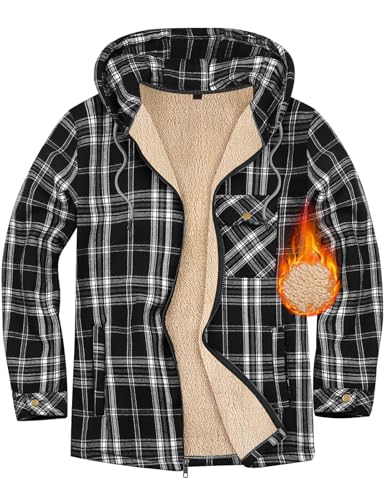 Xnova Herren Thermohemd Jacke Fleecefutter mit Kapuze, Casual Reißverschluss Karierte Mantel Langarm, Winterjacke Kapuzenpullover Flanellhemd Warm Holzfällerhemd Arbeitshemd Hoodie (Schwarz, M)
