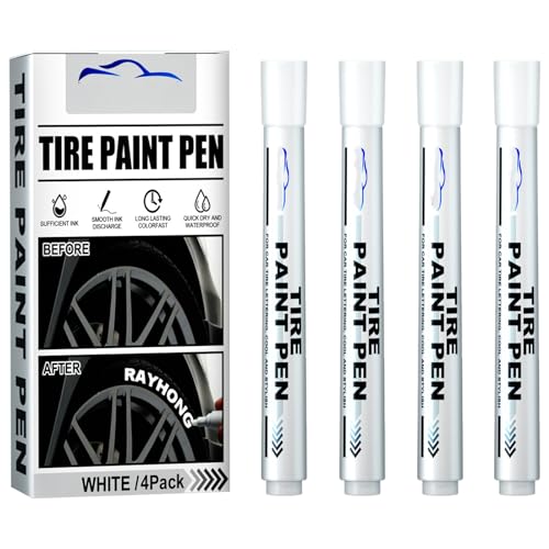 SNONESIY 4 Stück Lackstift Weiß Auto Reifen Stift WeißWasserdicht Permanentmarker Auto Reifenmarkierungsstift Geeignet für DIY-Autos Motorräder Reifen Holz Fahrrad