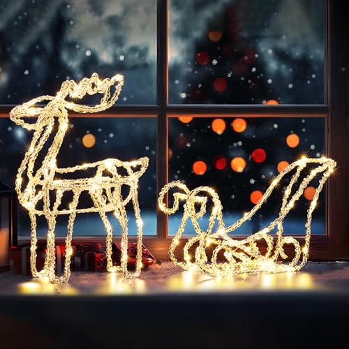Quntis 100 LED Rentier mit Schlitten, 35cm hohe Weihnachtsdeko Außen Innen Warmweiß Klein, Weihnachtsbeleuchtung Figuren Timer, Lichtschlauch Outdoor Strombetrieben Garten Hof Zimmer Tisch Fensterbank
