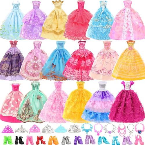 Miunana 27 Puppenkleidung Kleidung Schmuck Zubehör Hochzeit Party Abendkleider für Puppen = 10 Kleider 5 Schuhe 6 Ketten 6 Kronen für Puppen