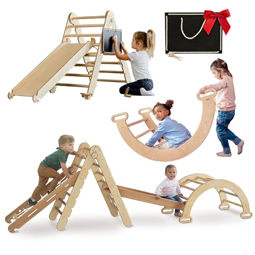 Goodevas 4-in-1 Montessori Klettergerüst Set: Indoor Kletterdreieck, Kletterbogen, Kletternetz und Rutsche für Kinder, Indoor Spielplatz 1-5 Jahre (XL-Größe) Play