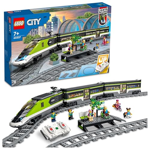 LEGO City Personen-Schnellzug, Set mit ferngesteuertem Zug, Eisenbahn-Spielzeug mit Scheinwerfern, 2 Wagen und 24 Schienen-Elementen, Geschenk für Kinder, Jungen und Mädchen 60337