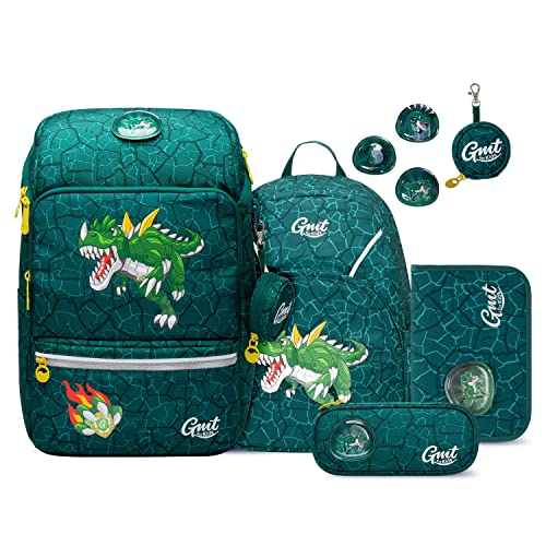 GMT for Kids Schulranzen Set 6-teilig Ergonomische Ultraleichte Schultasche Mädchen Junge Kinder Schulrucksack Dinosaurier Grundschule Schultaschen 1-4. Klasse Rucksack 22 L