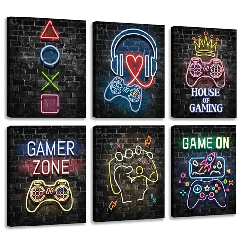 CHDITB 6 Stück Neon Gaming Poster,Game Wandbild für Kinderzimmer,Jugendzimmer Bilder Junge mit Rahmen(25x20CM),Spielkonsole Gamer Zone Gaming Zimmer Wanddeko für Jugendzimmer Spielzimmer Geschenk