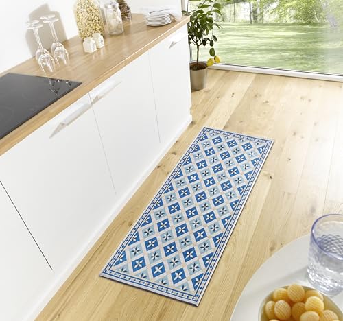 Hanse Home Küchenläufer – Küchenteppich rutschfest und Waschbar - Pflegeleicht Teppichläufer Fliesen Muster Teppich Läufer für Küche, Flur, Eingangsbereich, Esszimmer – Creme Blau, 75x150m