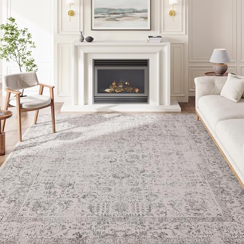 HUGEAR Grau Bereich Teppich 240x300 Indoor Vintage Wohnzimmer Teppich Waschbar Distressed Teppich Grau Floral Schlafzimmer Teppich Retro Akzent Wurf Teppich für Büro Esszimmer Kinderzimmer