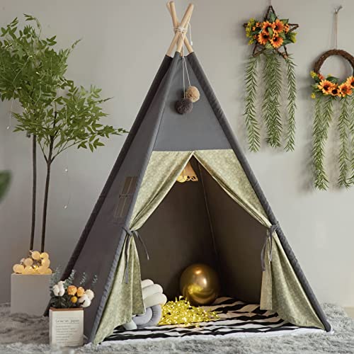 TreeBud Tipi Zelt für Kinder mit gepolsterter Matte Faltbare dunkle Töne Spielzelte für Mädchen und Jungen mit Tragetasche Leinwand Tipi Spielhaus für Kinder im Innen- und Außenbereich