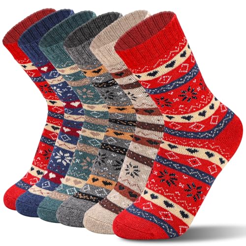 Zhufas 6 Paar Thermosocken Damen Bunt, Wollsocken Damen, Winter Dicke Damensocken Atmungsaktive Weiche Socken,Langanhaltend Warm 36-42