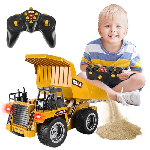 deAO Fernbedienungslader 1:18 Dumper-Bauwagen aus Druckguss mit 9 Kanal und Lichtfunktionen, 2,4 GHz RC Kipper Ferngesteuerters Muldenkipper LKW Kipplaster Spielzeug fur Kinder und Erwachsene