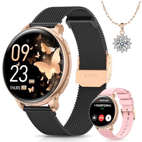 Sanorum Smartwatch Damen, 1.27' HD Screen Armbanduhr mit Telefonfunktion 120+ Sport, Menstruationszyklus SpO2 Pulsuhr Schlafmonitor Schrittzähler Fitness Tracker Rund, IP68 iOS Android Gold Schwarz