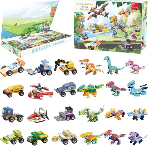 Dazhtu Adventskalender 2024 Kinder 24 Stück Dinosaurier und Fahrzeuge Bausteinspielzeug, adventskalender Jungen 24 Tage Geschenke für Kinder Jungen Mädchen Weihnachts Countdown Kalender