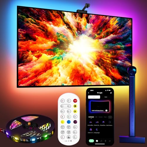 Fayerkar TV Hintergrundbeleuchtung 3 Lite mit Fish-Eye Korrektur Funktion, Sync für 55-75 Zoll Fernseher, 5 m RGBICW WiFi TV LED Streifen mit Kamera, 4 Farben in 1 Lampe Bead, Fernbedienung