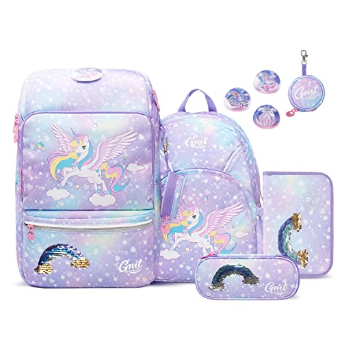 GMT for Kids Schulranzen Set 6-teilig Ergonomische Ultraleichte Schultasche Mädchen Junge Kinder Schulrucksack Grundschule Einhorn Schultaschen 1-4. Klasse Rucksack 22 L