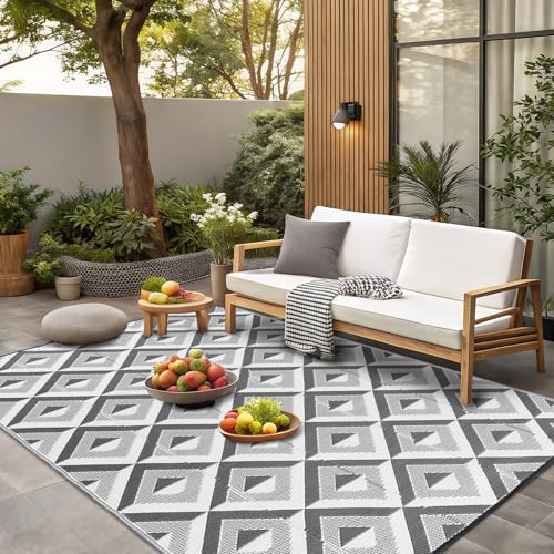 CHOSHOME Outdoor Teppich Wetterfest 120x180cm Wasserdicht Reversible UV-beständig, Kunststoff Garten Teppich für Terrasse Balkon Camping, Langlebig & Leichte Faltbare Matte Grau für Hof RV Garten