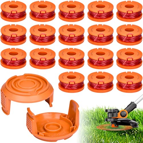 20 Stück Set Ersatz Rasentrimmer Spule Funktioniert Mit Worx Alle Rasentrimmer Mit 20V, Ø 1,65mm, 3m Länge, EnthäLt 18 Stück Rasentrimmer Faden und 2 Stück Kappendeckel