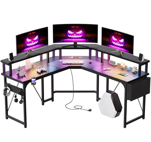 Devoko 153x153 cm Gaming Schreibtisch mit LED, groß Gaming Tisch L Form mit 2 Steckdosen und 2 USB Ladeanschluss, Eckschreibtisch PC Tisch mit großzügiger Monitorablage, Kohlenschwarz