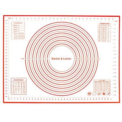 Bäcker & Lecker Silikonmatte Backmatte Groß Antihafte Rutschfeste Backunterlage 80 x 60CM Teigmatte mit Messung für Fondant Gebäck Pizza, BPA Frei (Orange)