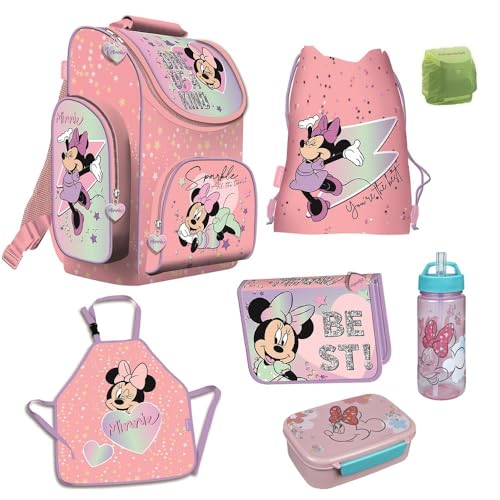 Familando Minnie Maus Schulranzen-Set 7-TLG. Federmappe Mal- / Bastelschürze und Regenschutz rosa Minni Mouse