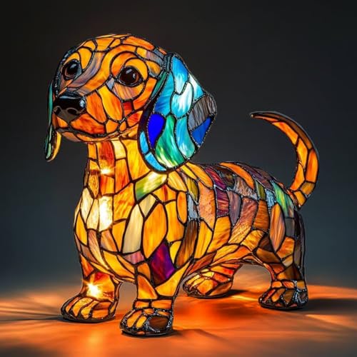 LUKIUP Nachtlicht aus der Hunde-Serie, LED Dackel, Energiesparende Premium Harzlampe mit Buntglas-Effekt Schalterkabel Retro Dekolampe für Schlafzimmer Geschenk für Hundeliebhaber