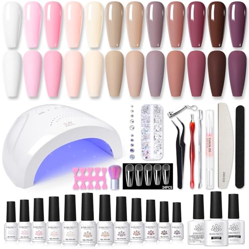 BORN PERTTY 47PCS Gelnägel Starterset Nagelset Nudefarben Weiß Rosa 48W UV LED Lampe UV Nagellack Set mit UV Lampe Shellac Set Starterset Top Coat Base Gel Gelnägel Starterset Maniküre Set Komplett