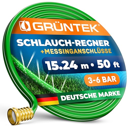 GRÜNTEK Schlauch-Regner, Sprühschlauch, Rasensprenger Gartenschlauch 50 Fuß / 15,24 m, Beregnungsfläche 4-5 qm/m, Bewässerungsschlauch, Sprühregner, Schnellanschluss, Messing Verbindungsstück