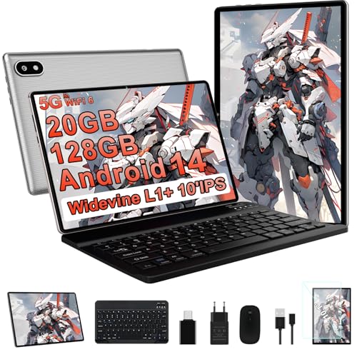 Android 14 Tablet 10 Zoll Ultraschnelles PC | 20GB RAM+128GB ROM (1TB erweiterbar) | Octa-Core | Widevine L1 | 5G WiFi 6 | FHD IPS | Doppelkamera | Bluetooth 5.0 | Tablet mit Tastatur und Maus, Silber