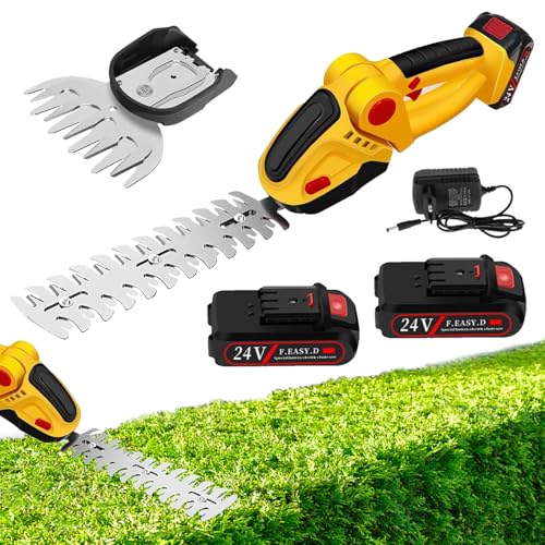 Heckenschere Akku, 24V Gartenschere, Mit 2 x 2000mAh Batterien und Ladegerät, 2 In 1 Schnurlose Akku Grasschere mit 2 Messern, 20000 RPM, Tragbare Gras & Strauchschere, für Garten Rasen (Gelb)