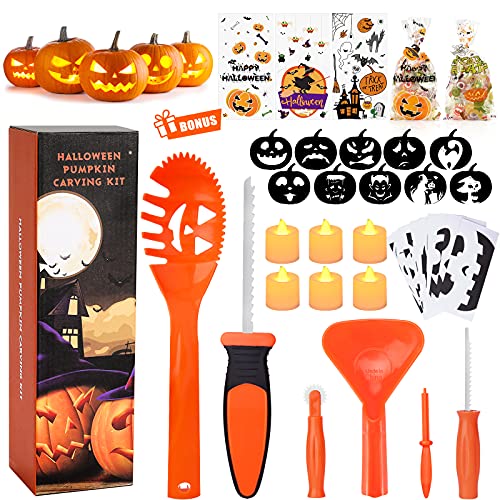 HOTSAN Halloween Kürbis Schnitzset Kinder, 6 Einfach Kürbis Schnitzwerkzeug + 10 Kürbis Schnitzvorlagen + 6 LED Kerzen + 20 Zellophan Halloween Bonbontüten, DIY Familie Halloween Dekorationen