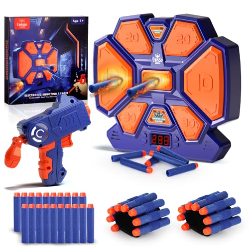 Lehoo Castle Nerf Zielscheibe, Elektronische Zielscheibe für Nerf Pistole, Digitale Zielscheibe mit Licht Sound Effekte, mit 1 Spielzeug Pistole, 20 Schaumstoff Munition, 2 Handgelenkbänder（Blau）