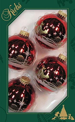 Dekohelden24 - Lauschaer Christbaumschmuck 4er Set Kugeln glänzend rot mit Dekor Heilige Familie - 50 Schnellaufhänger gratis