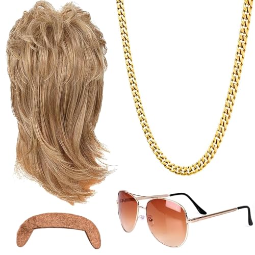 4er Set Vokuhila Perücke Herren,Herren Perücke 80er 90er Jahre Outfit Accessoires Herren Blond Perücken Wig Sonnenbrille Halskette Für Fasching Cosplay Halloween Kostümfeste Usw