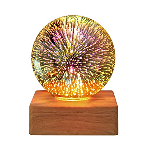 3D-Nachtlicht aus buntem Glas, USB-Projektorlampe, , Kugel, Kristallglas, Nachtlicht, Atmosphärenlicht mit Holzsockel, für Heimgeschenke, Weiß
