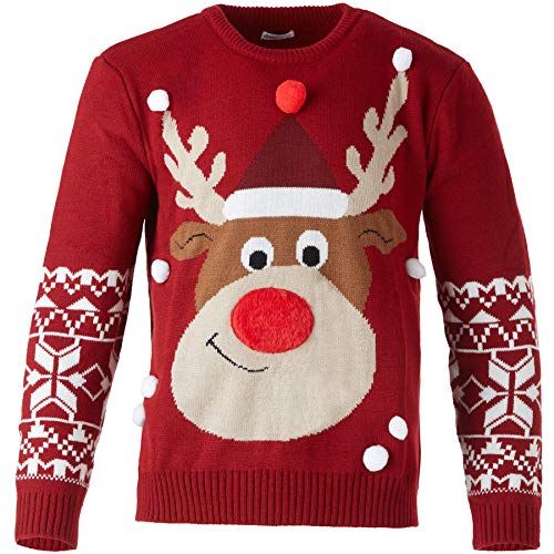 dressforfun 900823 Kinder Weihnachtspullover Rudi Rentier mit angenähten Schneeflocken, rot - Diverse Größen - (140 | Nr. 303323)
